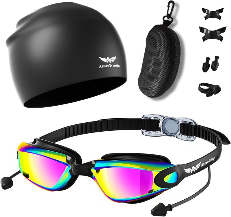 AzureWings 7 in 1 Swim Goggles + Swim Cap for Men Women,No Leak Anti-Fog & UV, Wide Visio HD Mirror PC Lens - Image 1
